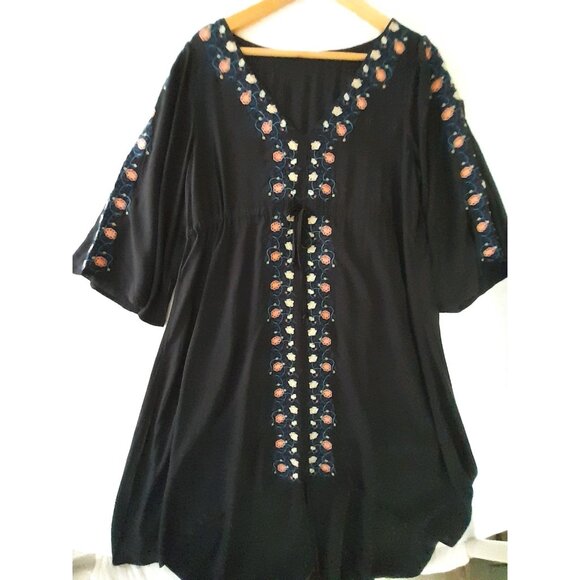 Womens Boho Embroidered Asymmetrical Hi Lo Flared Sleeve Medium Dress Black - Picture 2 of 10